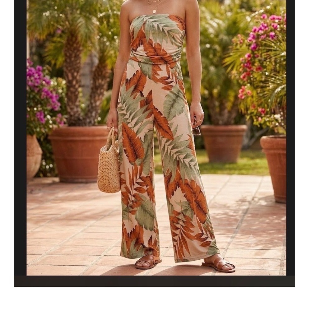 Meek Tropical Leaf Print Strapless Wide Leg Jumpsuit Tan Green‎ Orange Ruched